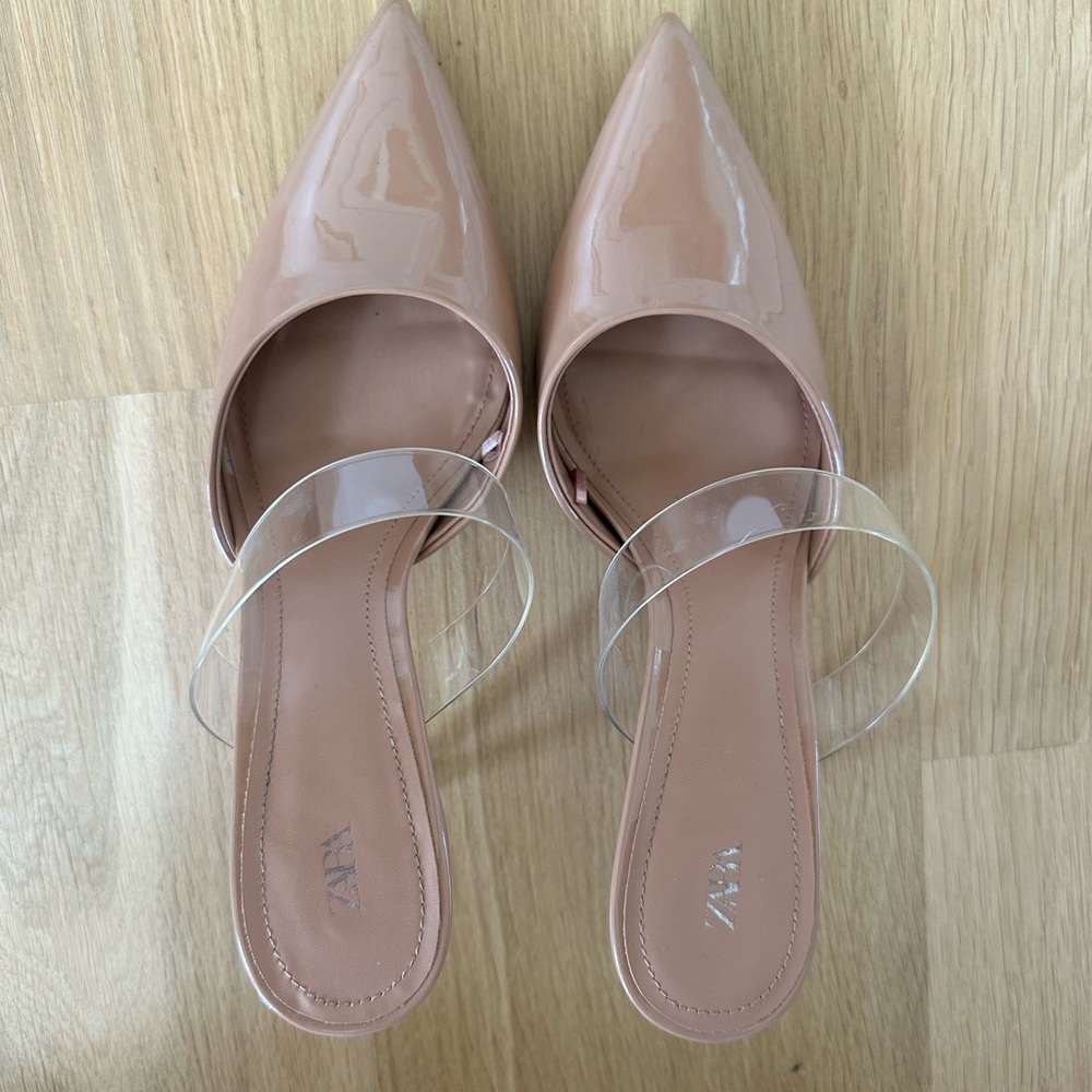Zara Women's Nude Pointed-Toe Mules with Clear Strap